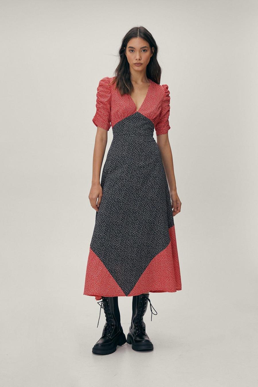 Multi Mixed Print V Neck Midi Dress image number 1
