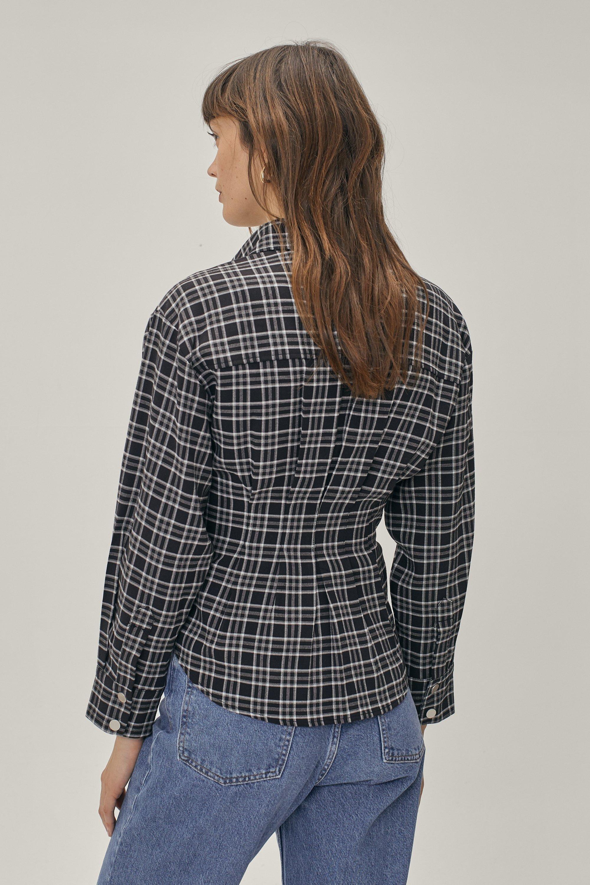 Check Print Cinched Waist Button Down Shirt | boohoo
