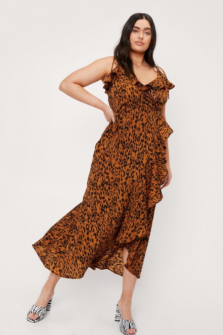 Brown Plus Size Leopard Sleeveless Ruffle Maxi Dress