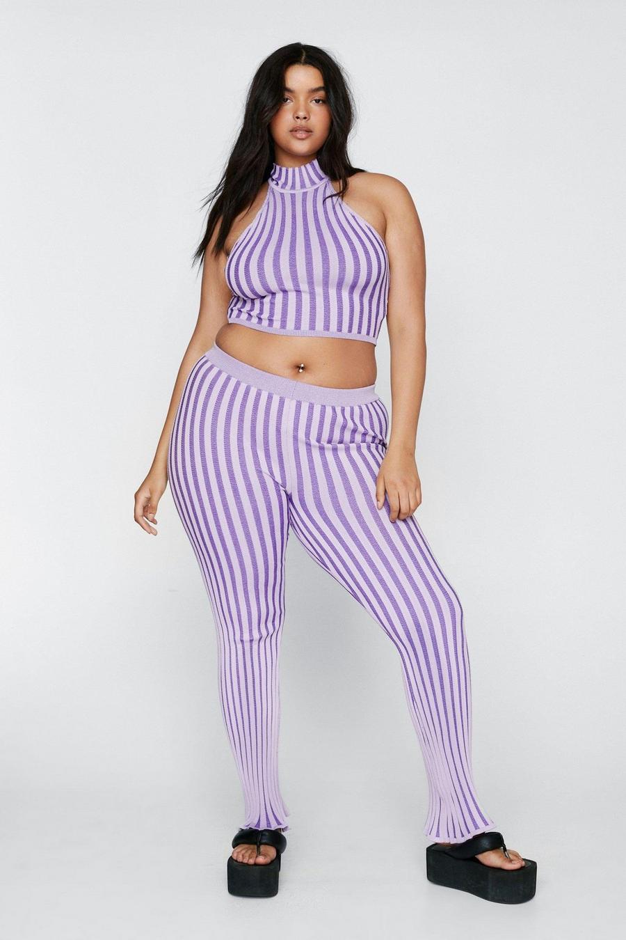 Pantalones Plus de canalé y punto elásticos anchos, Purple morado