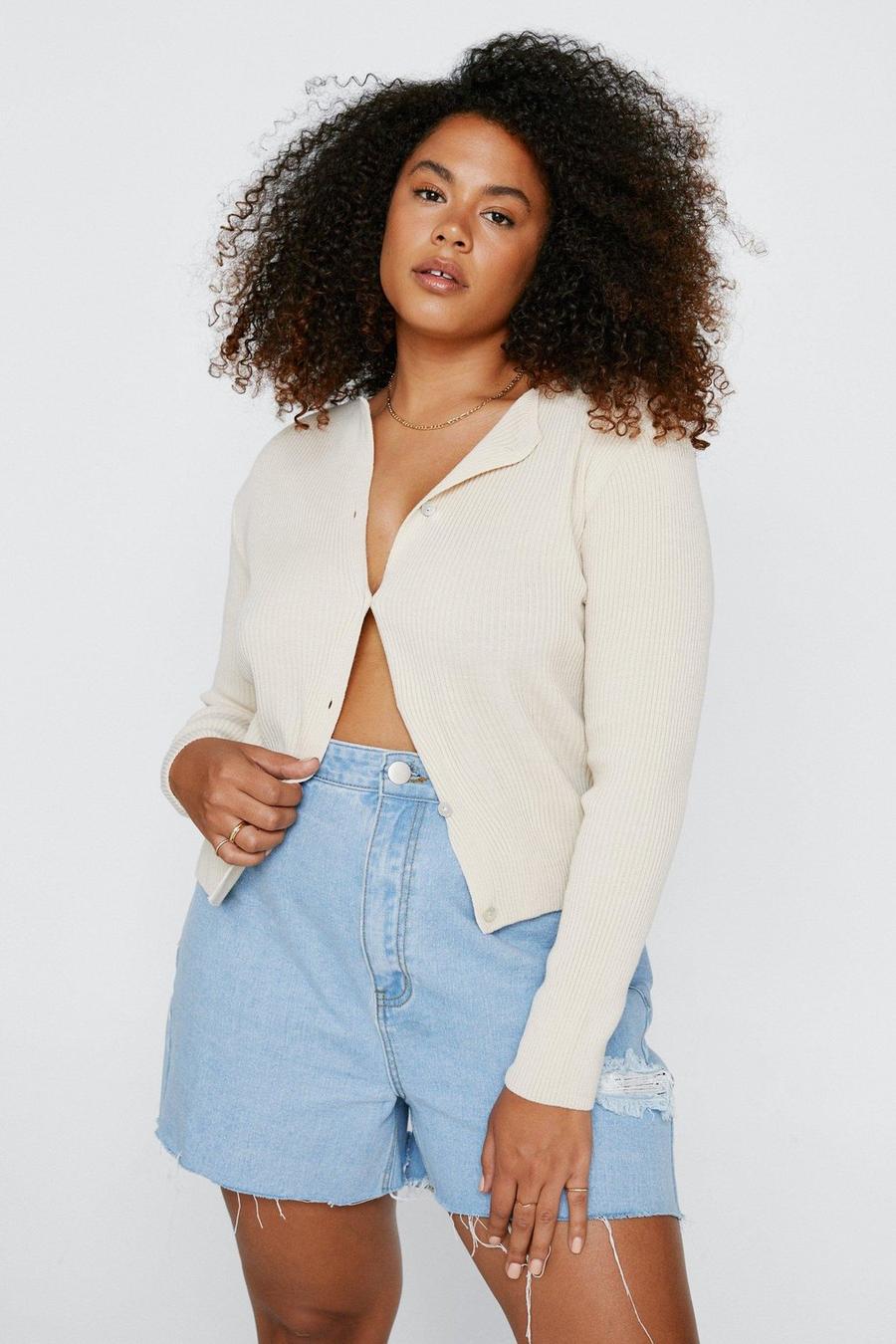 Cream white Plus Size Knitted Ribbed Button Down Cardigan