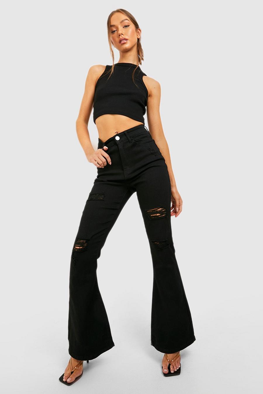 Jeans a zampa a vita alta effetto smagliato, Black image number 1