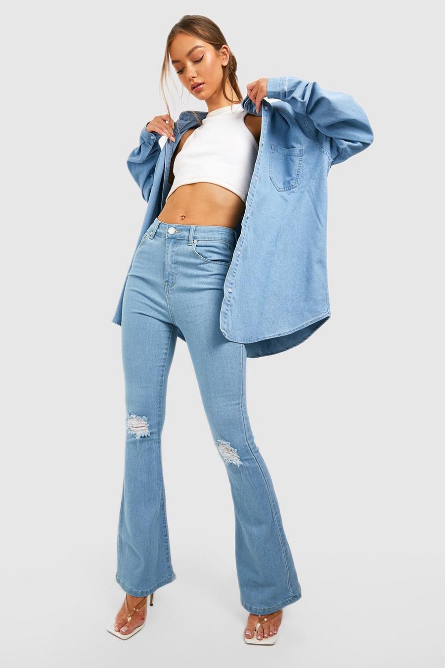 Light wash bleu High Waisted Ripped Flared Jeans