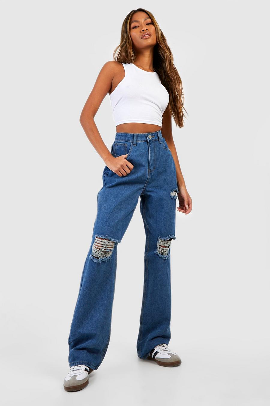 Mid wash High Waisted Ripped Knee Straight Fit Jeans image number 1