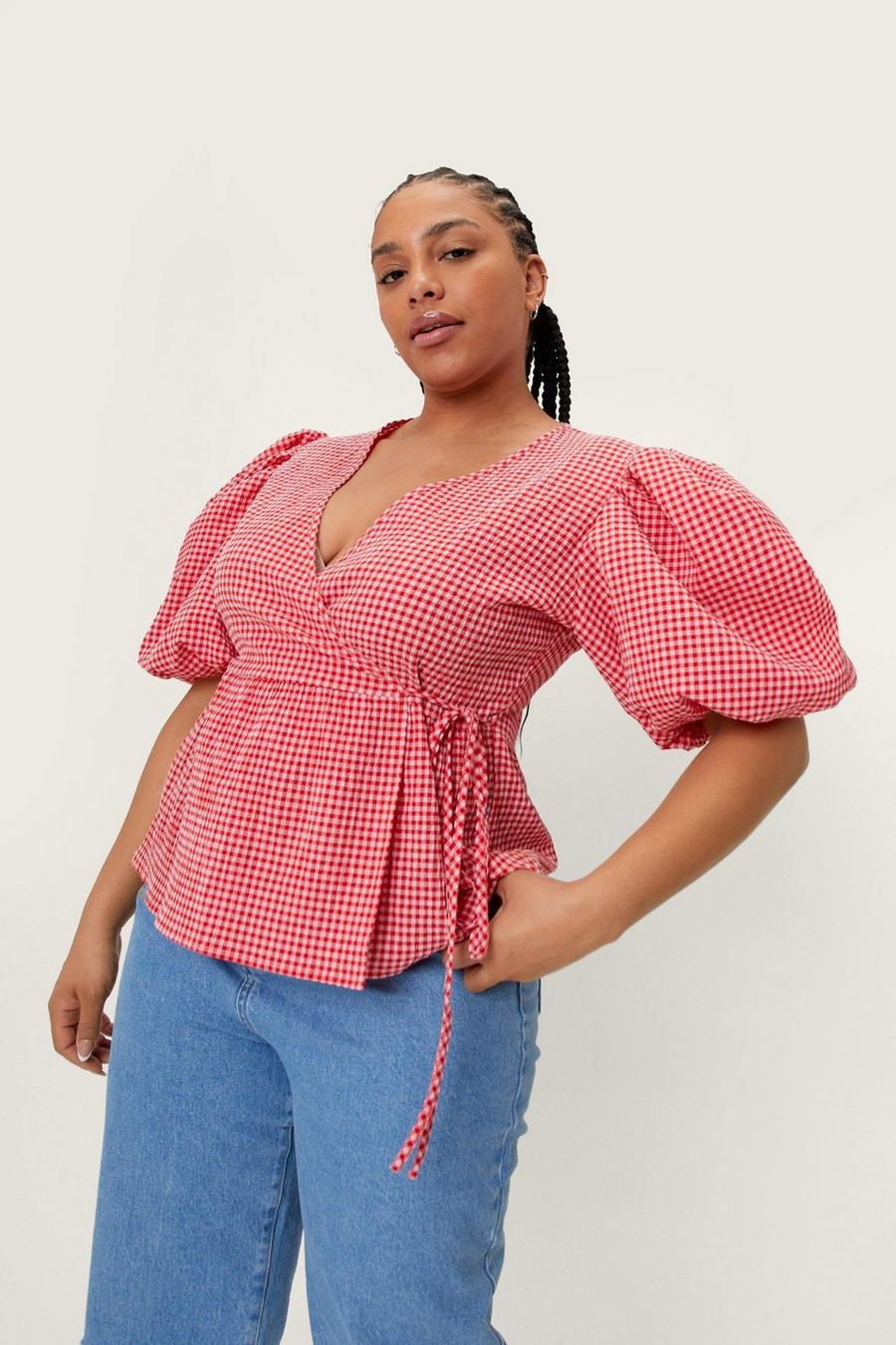 Plus Size Gingham Print Wrap Top image number 1