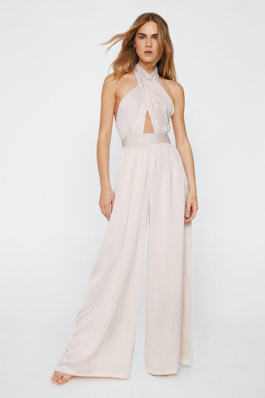 Champagne beige Recycled Satin Halter Jumpsuit