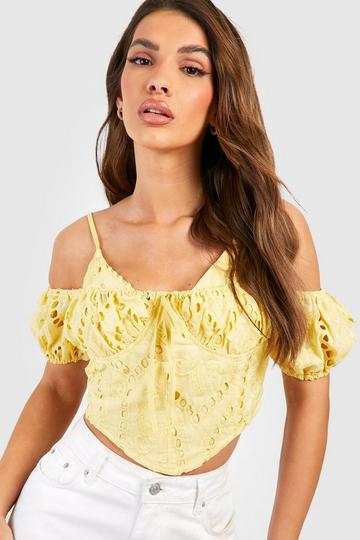 Lemon Yellow Broderie Anglaise Pointed Hem Coret Strappy Top