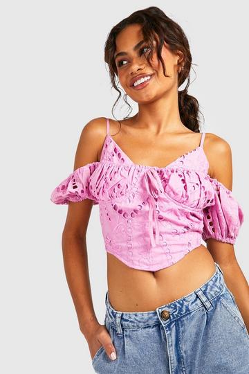 Eyelet Anglaise Pointed Hem Corset Strappy Top pale pink