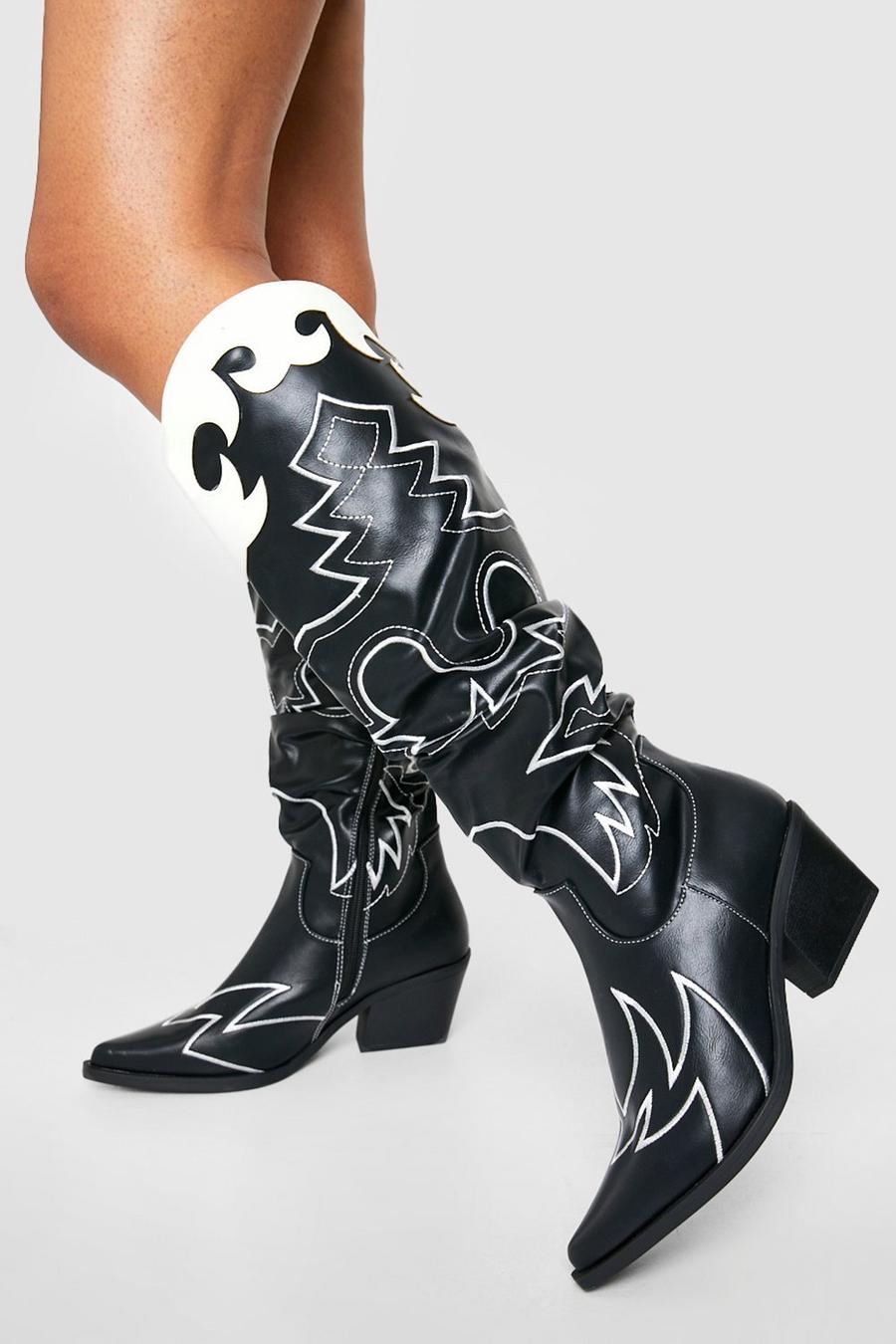 Black Contrast Stitch Embroidered Western Cowboy Boots image number 1