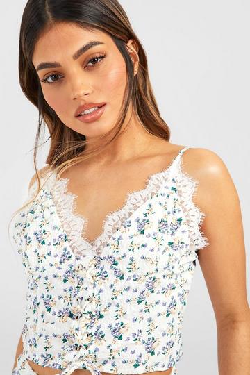 Textured Ditsy Lace Up Strappy Corset Top white