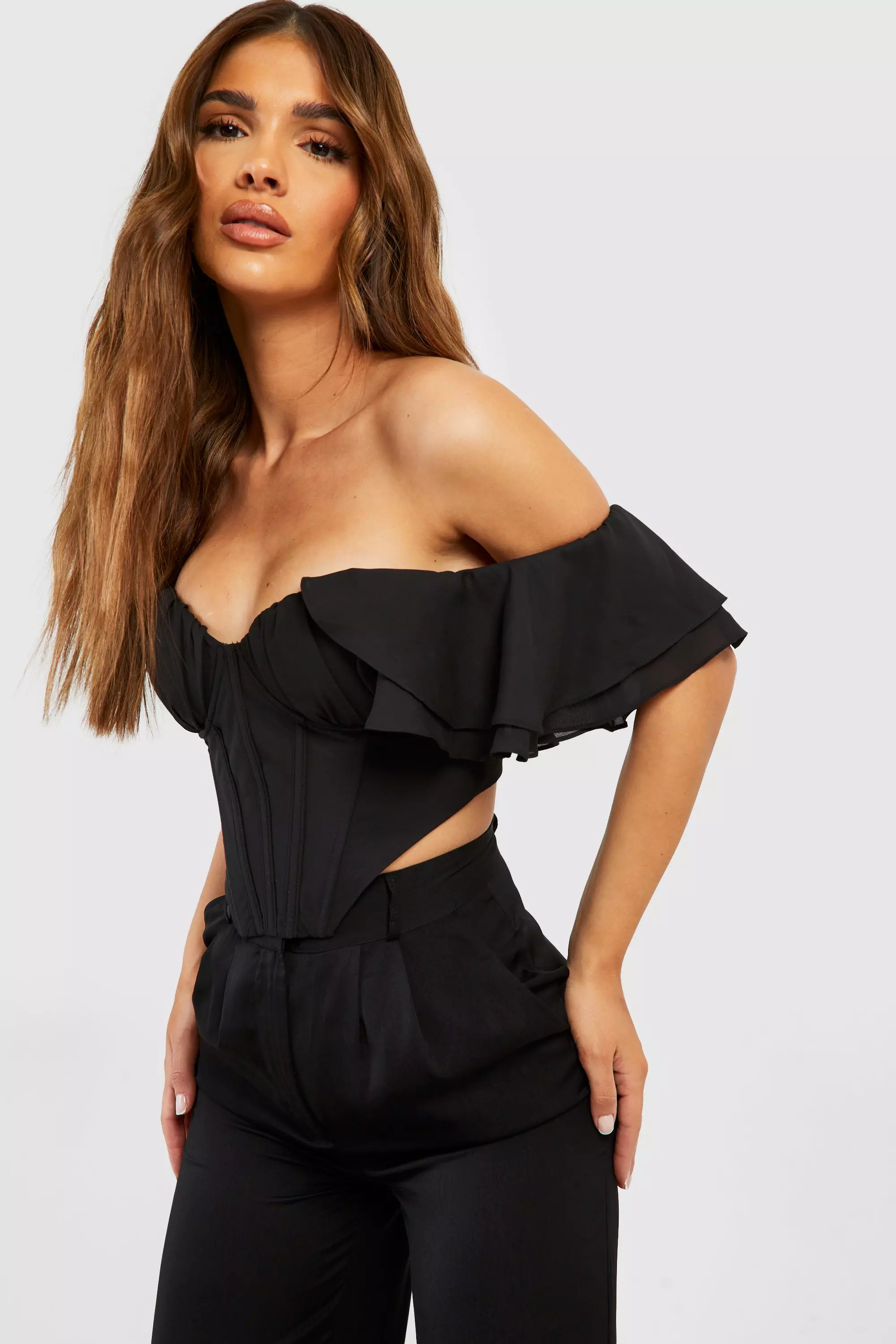 Black Ruffle Sleeve Off The Shoulder Structured Corset Top alternative image