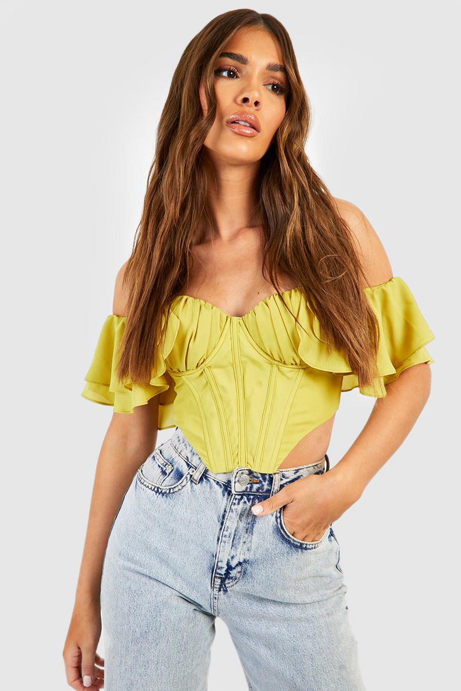 Chartreuse yellow Ruffle Sleeve Off The Shoulder Structred Corset Top image number 1