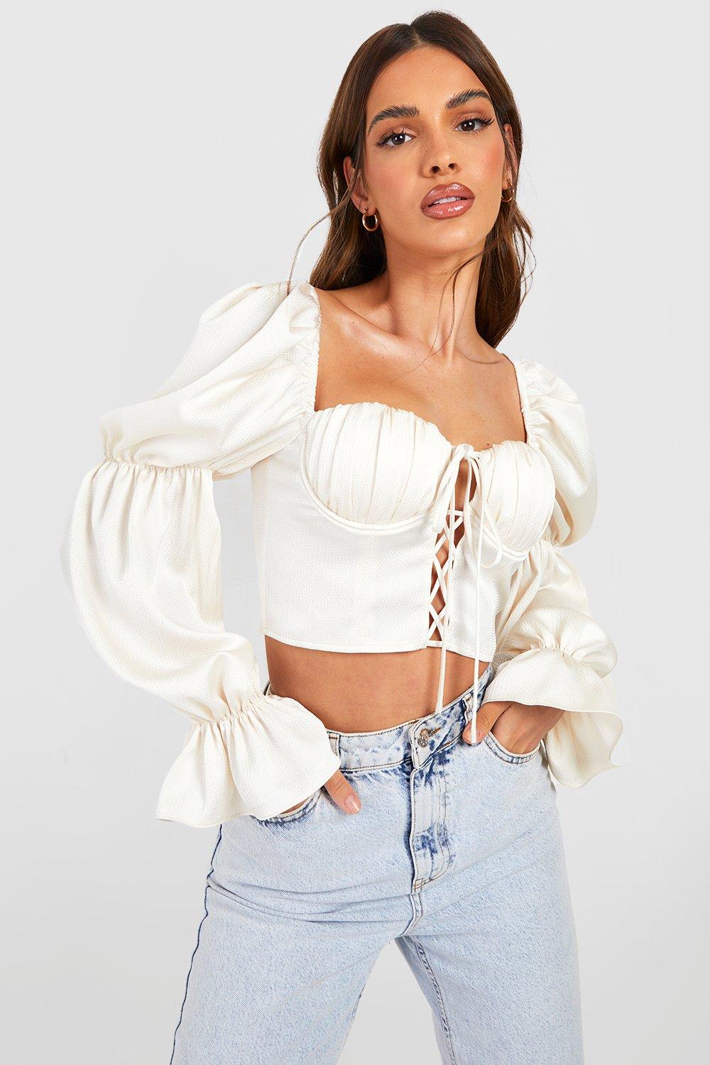 Textured Satin Lace Up Detail Puff Sleeve Corset Top