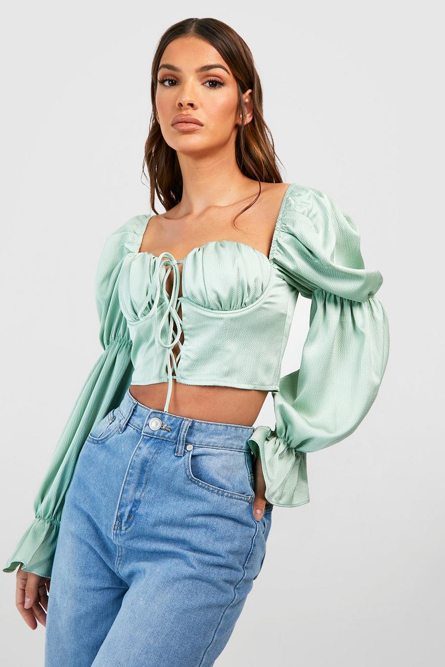 Sage Textured Satin Lace Up Detail Puff Sleeve Corset Top