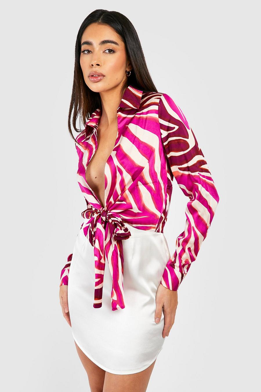 Purple Abstract Print Tie Detail Cropped Shirt