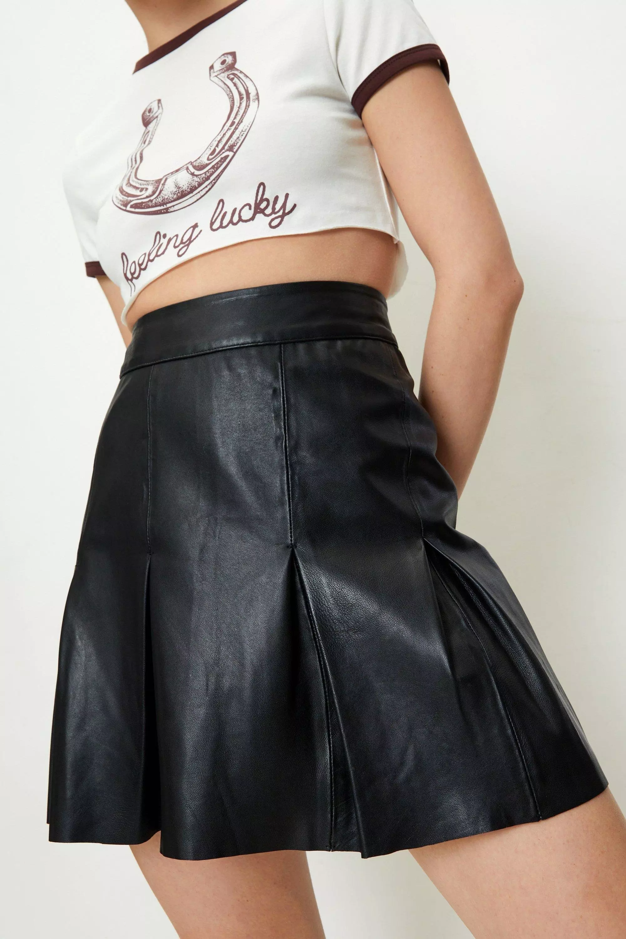 Genuine leather 2025 pleated skirt