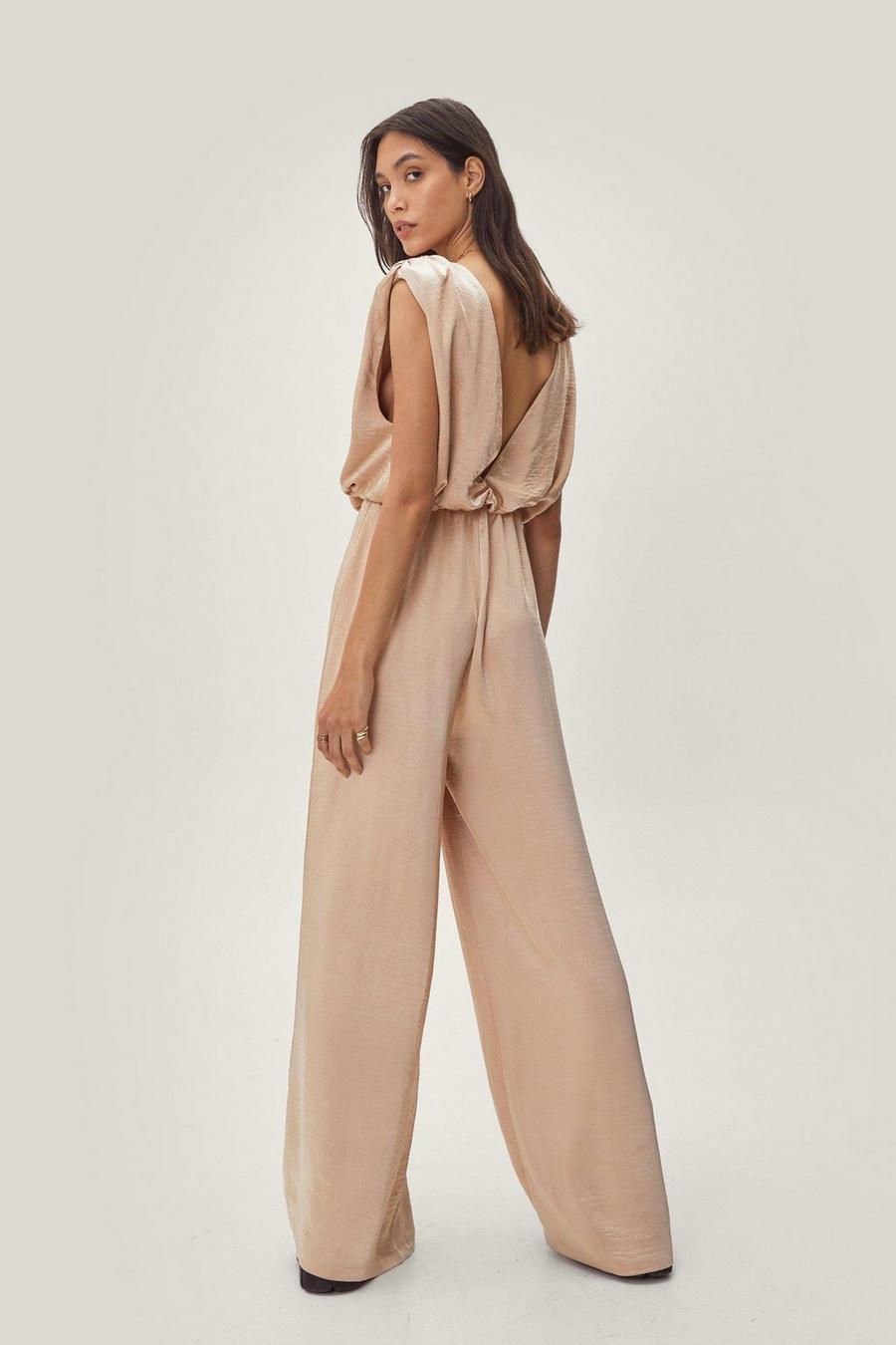 Champagne beige Recycled Shoulder Pad Satin Jumpsuit