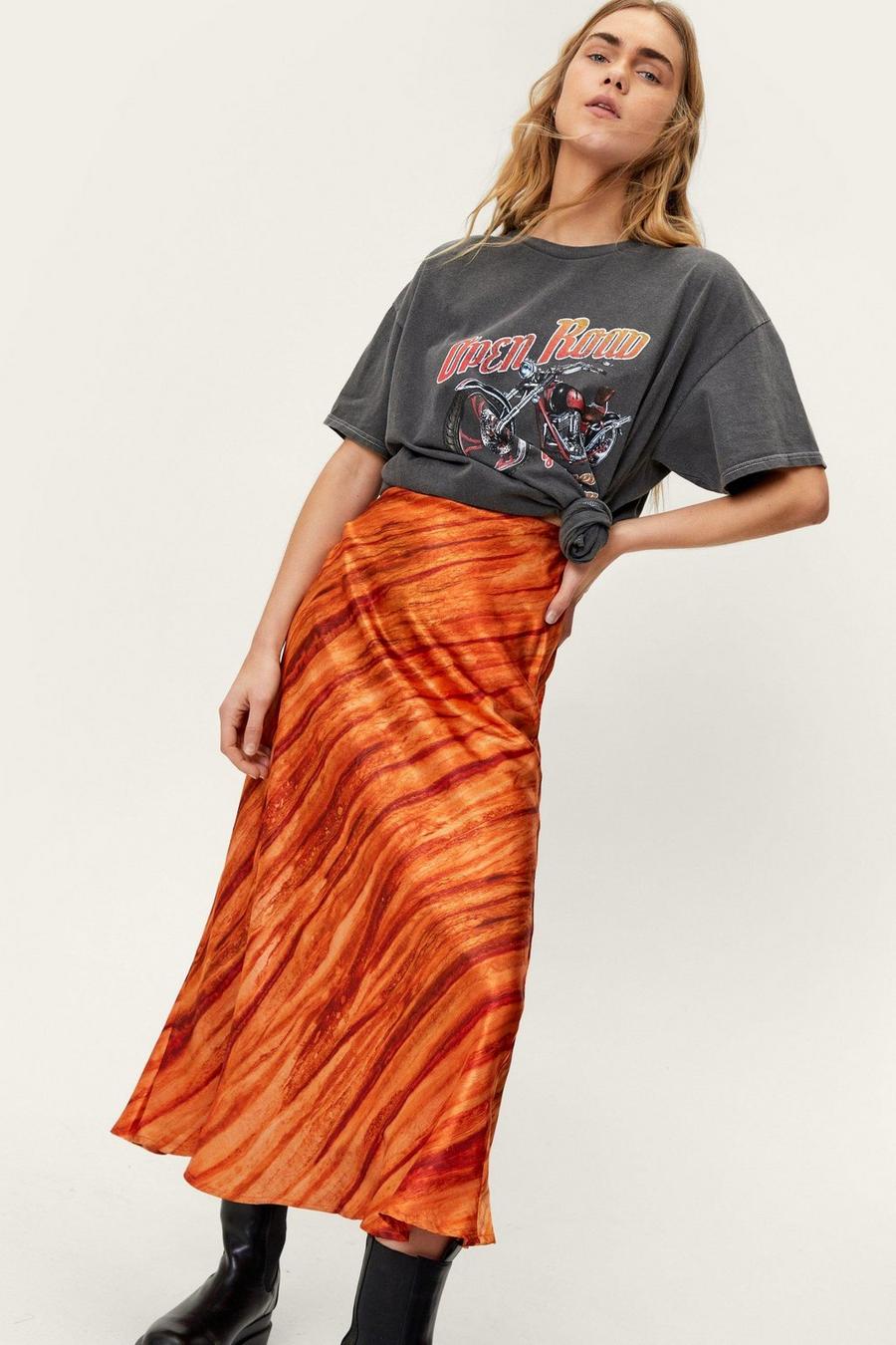 Orange Satin Tie Dye Print Co-ord Maxi Skirt image number 1