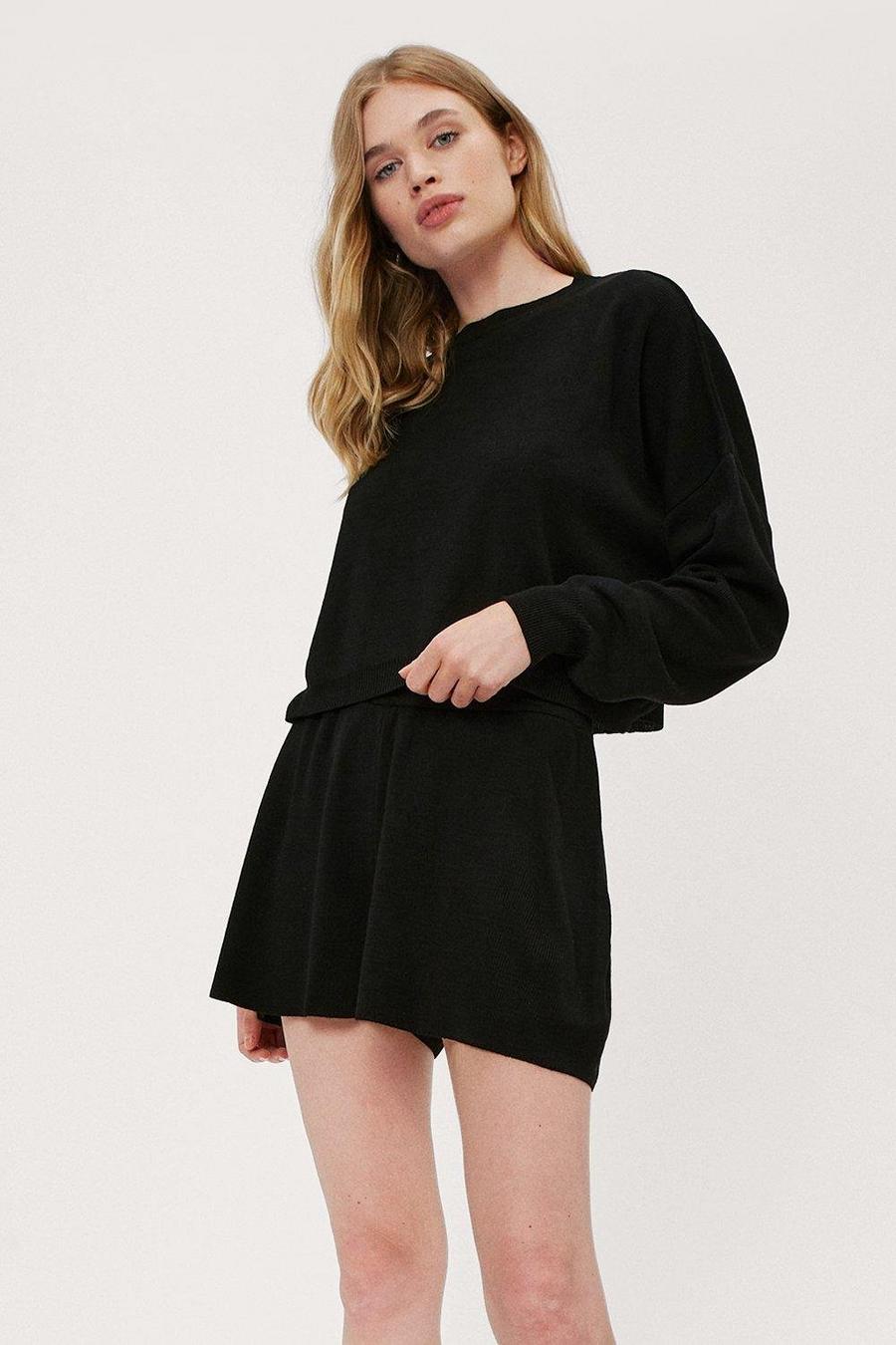Black Knitted Crew Neck Sweat And Short Lounge Set