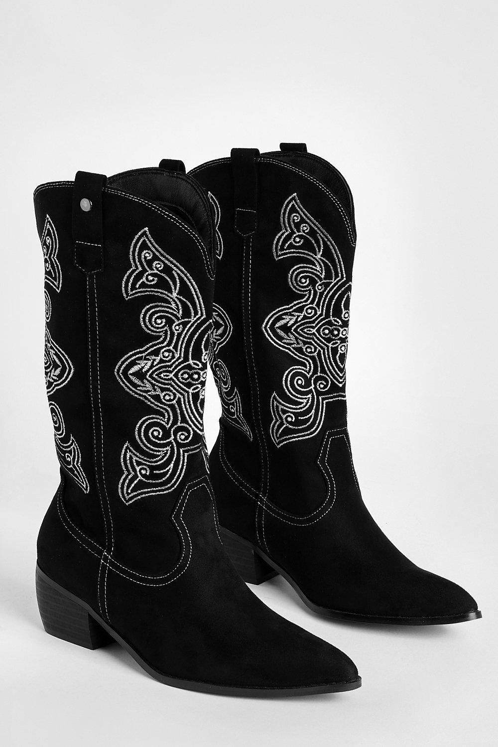 Wide Width Contrast Embroidered Casual Cowboy Boots