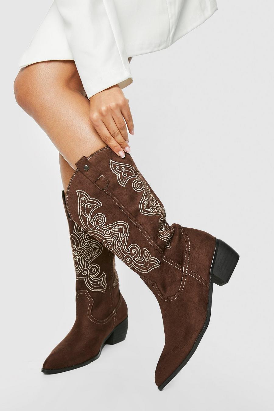 Breite Passform- Cowboy Western-Stiefel mit Kontrast-Stickerei, Chocolate