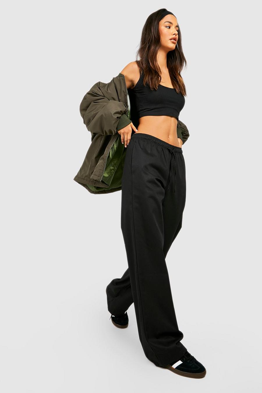 Black Low Waist Drawcord Twill Parachute Pants image number 1
