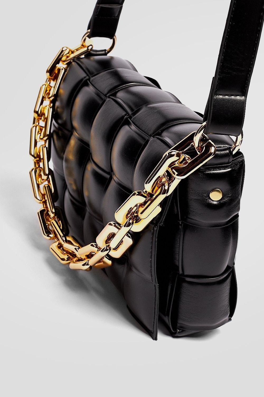 Black Woven Chunky Chain Strap Shoulder Bag