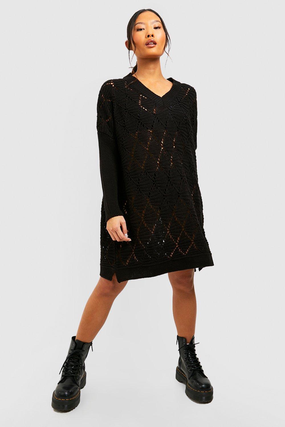 Petite V Neck Knitted Swing Jumper Dress boohoo UK