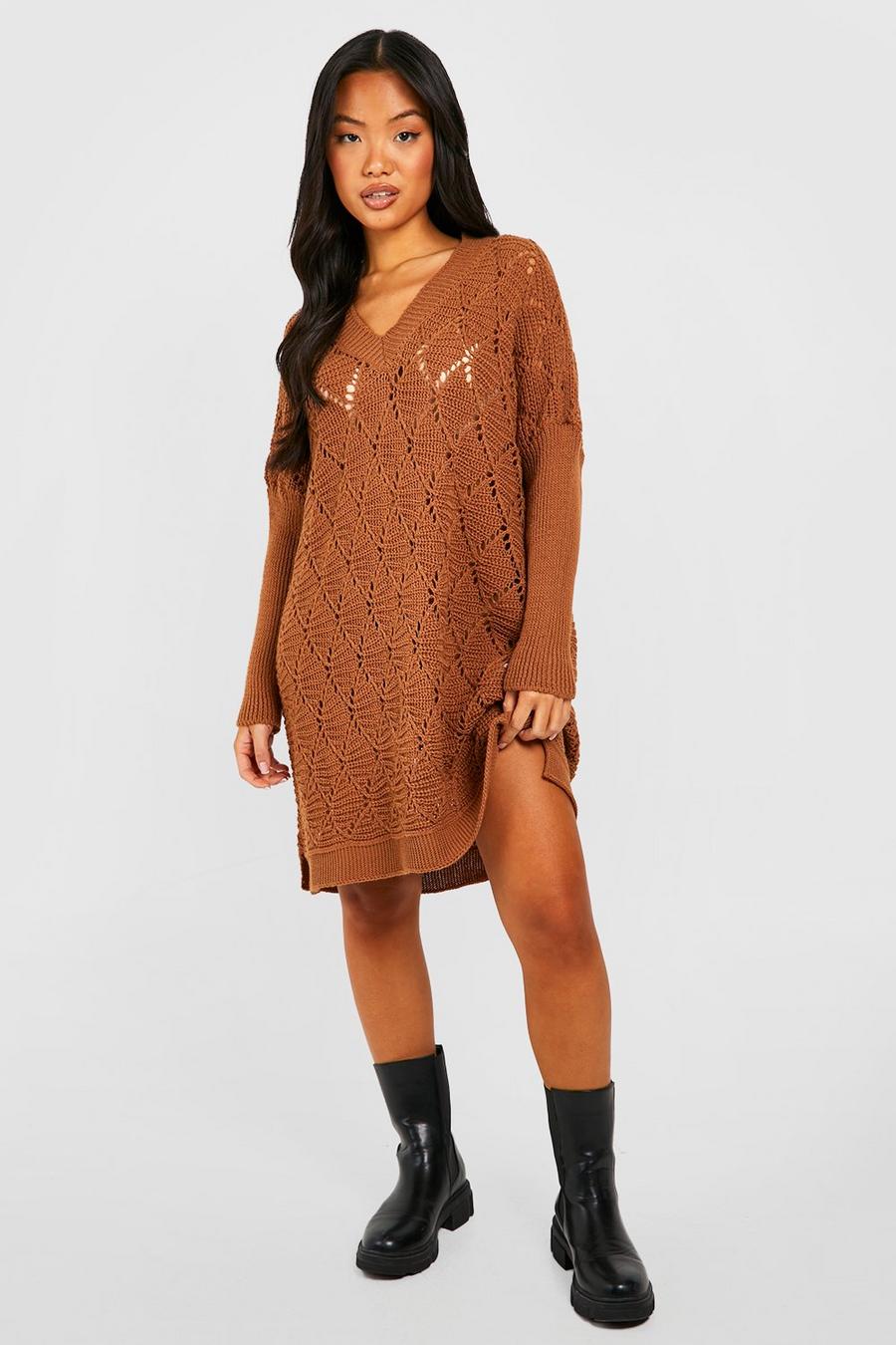 Chocolate Petite V Neck Knitted Swing Jumper Dress image number 1