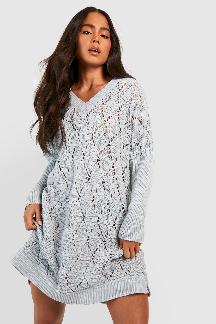 Grey Petite V Neck Knitted Swing Sweater Dress