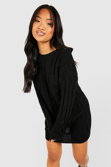 Black Petite Round Neck Cable Knit Sweater Dress