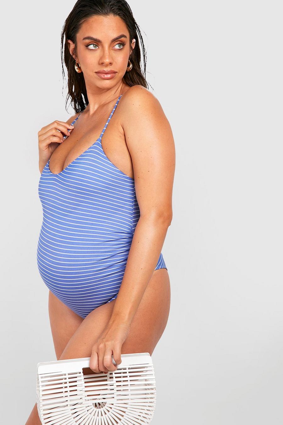 Blue Maternity Nautical Rib Cross Back Swimsuit image number 1