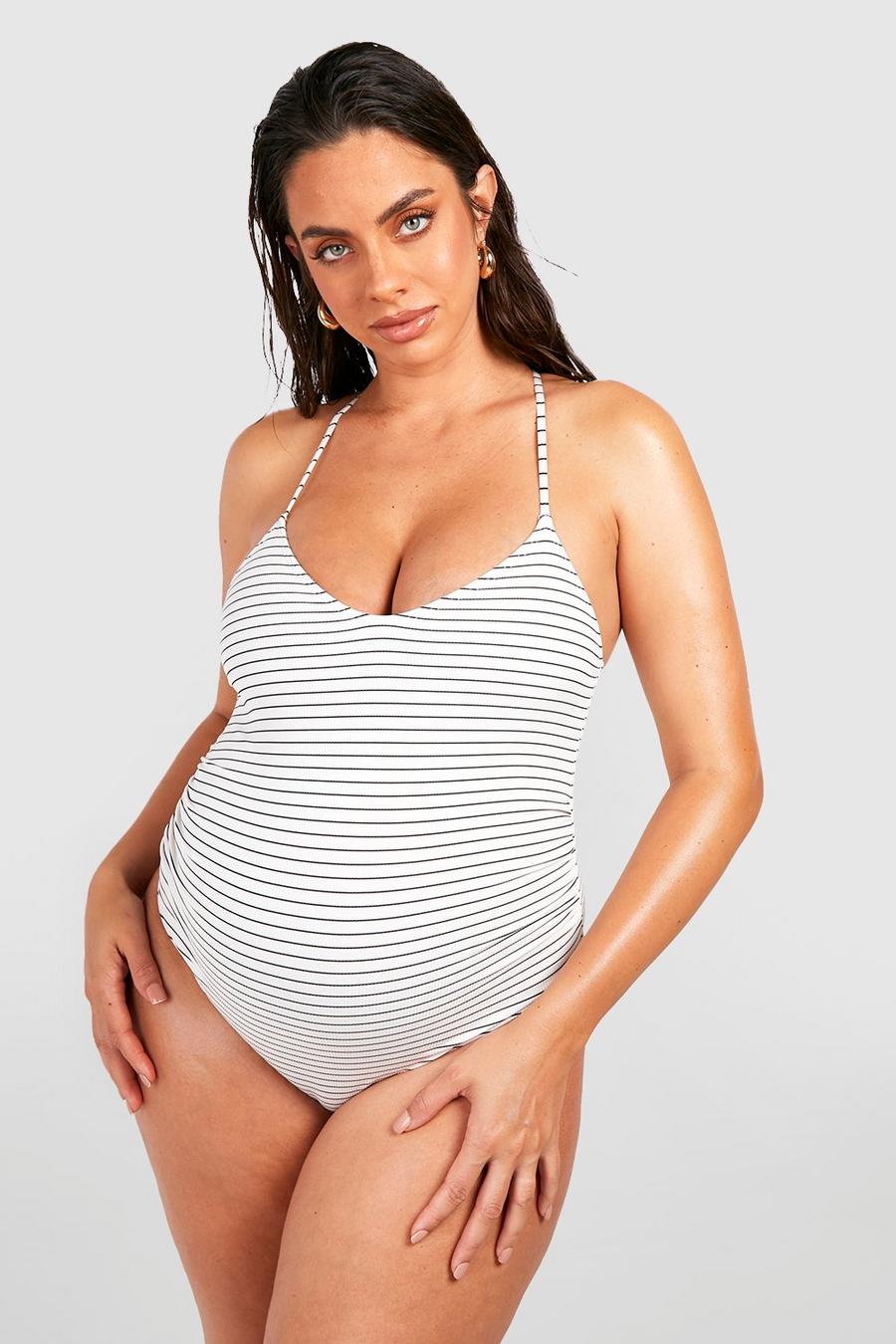 White Maternity Nautical Rib Cross Back Swimsuit image number 1