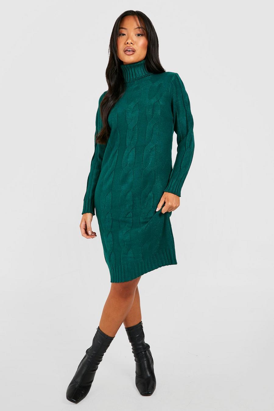 Bottle green Petite Turtleneck Cable Knit Sweater Dress