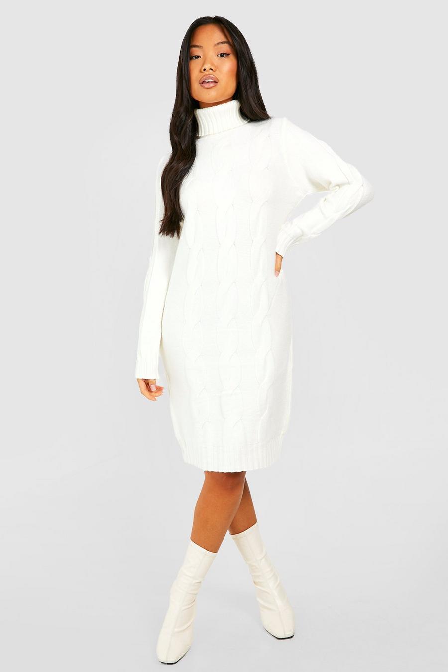 Ivory Petite Turtleneck Cable Knit Sweater Dress