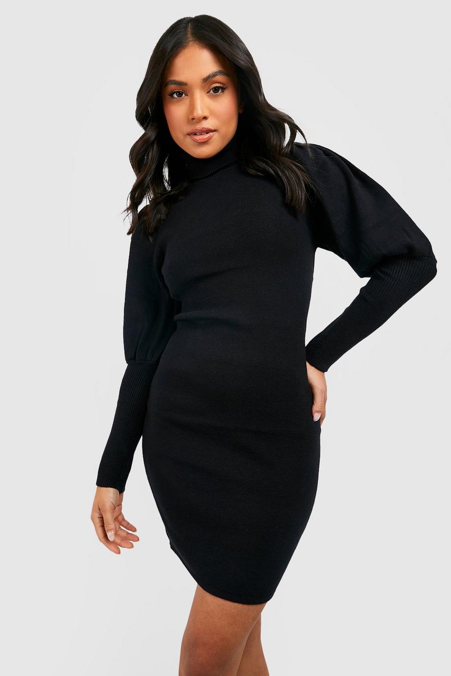 Black Petite Roll Neck Puff Sleeve Knitted Jumper Dress image number 1