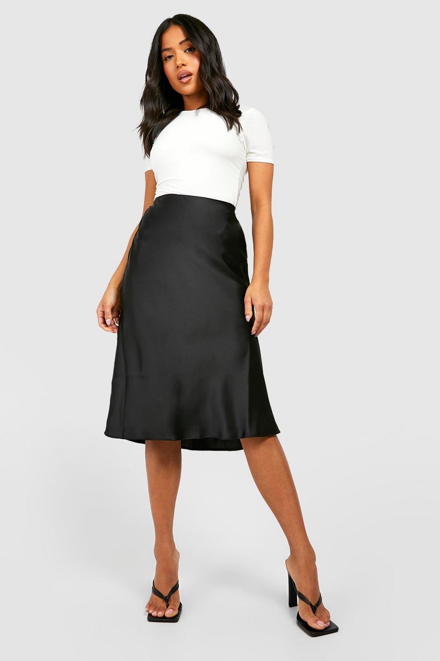 Black Petite Satin Bias Midi Slip Skirt  image number 1