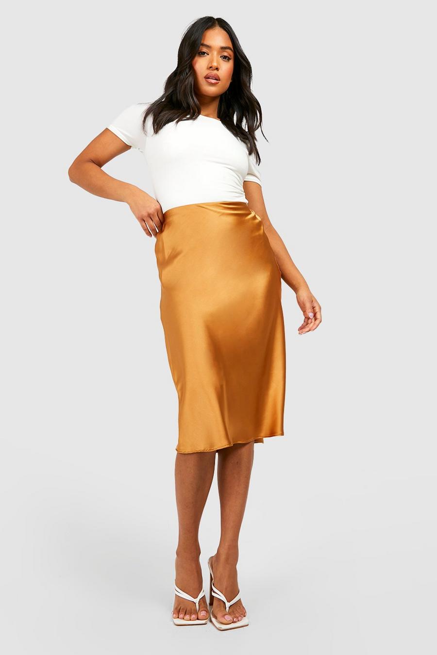 Gold metallic Petite Satin Bias Midi Slip Skirt image number 1