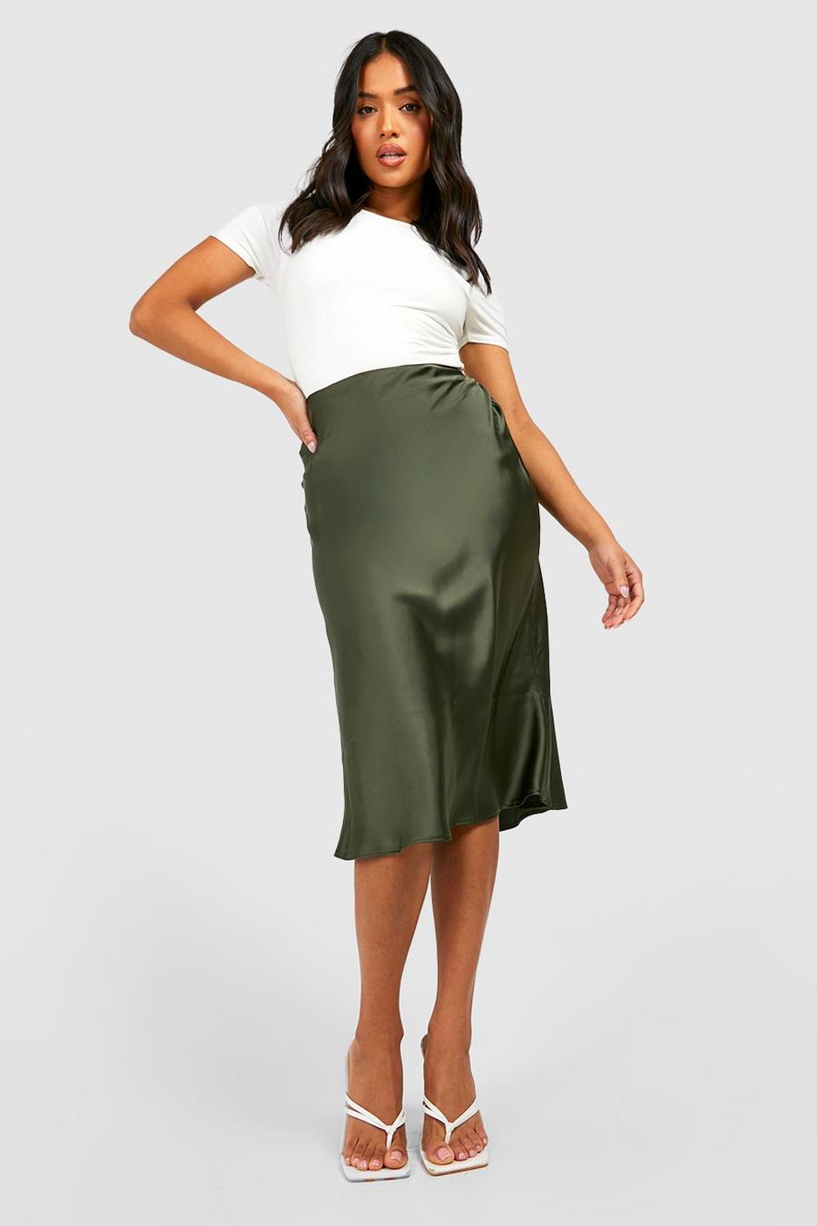 Khaki Petite Satin Bias Midi Slip Skirt  image number 1