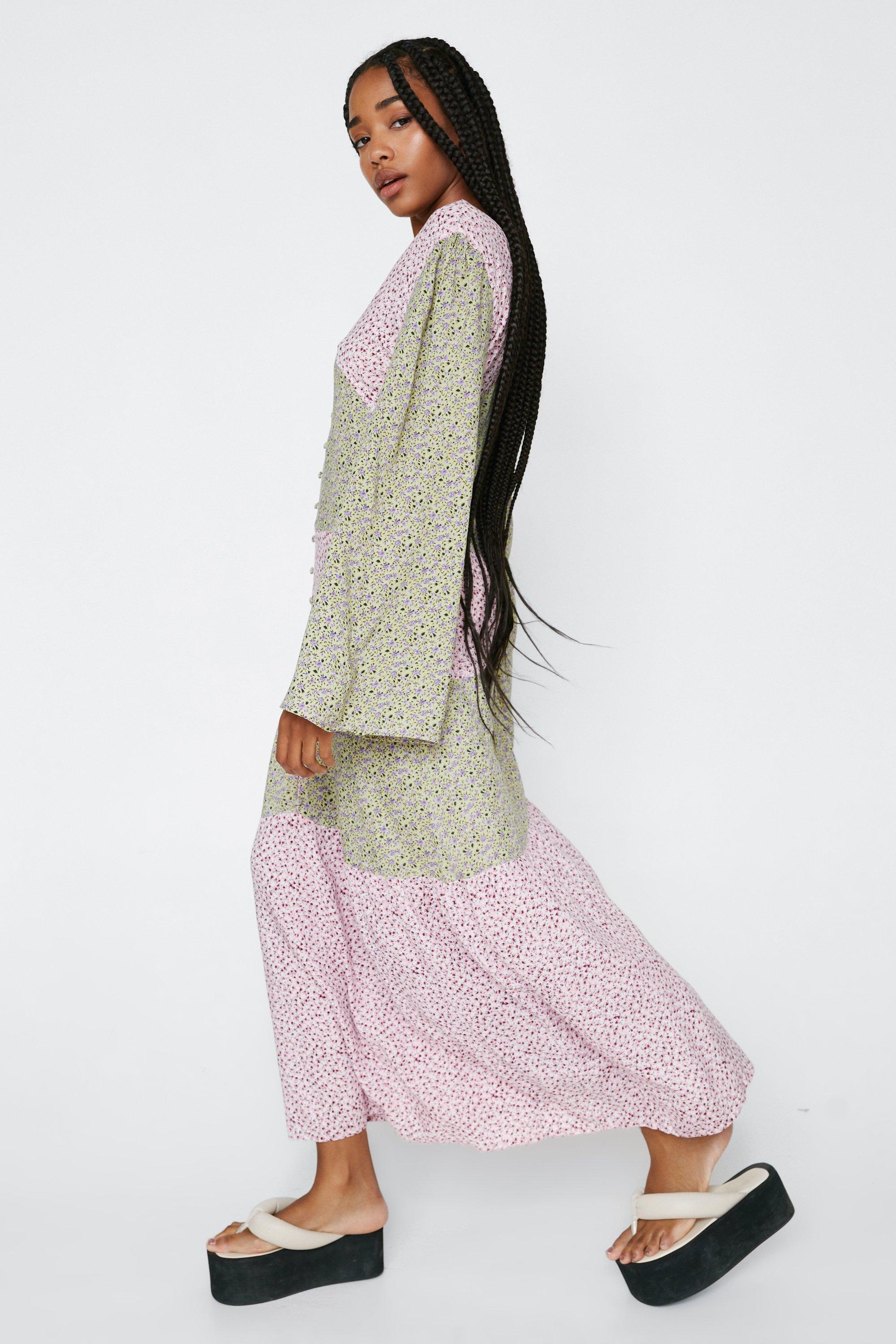 Boohoo kimono sleeve midi dress in hot sale mixed stripe and floral print