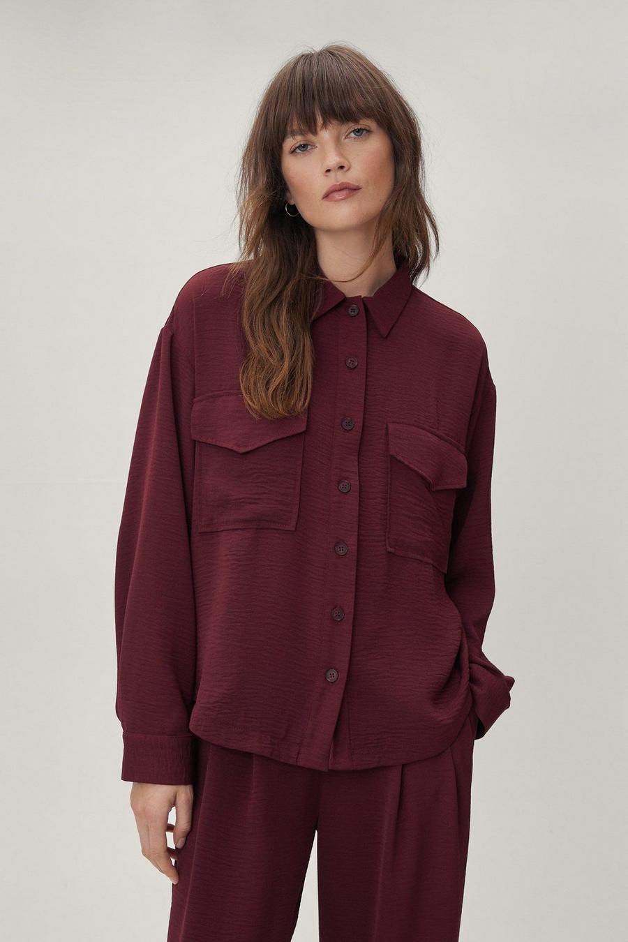 Wine red Oversized Flap Pocket Button Down Shirt