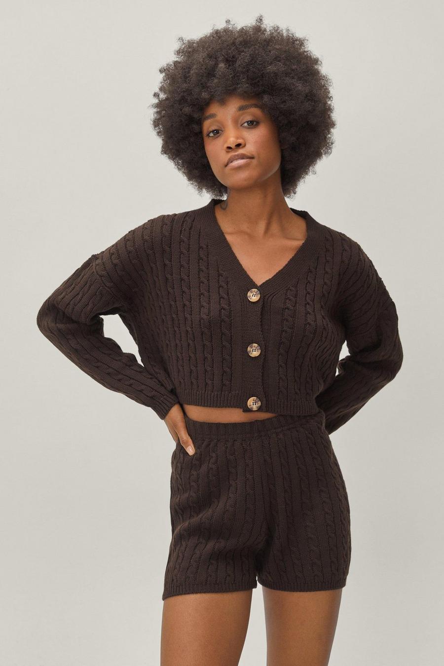 Chocolate brun Cable Knit Shorts And Cardigan Lounge Set