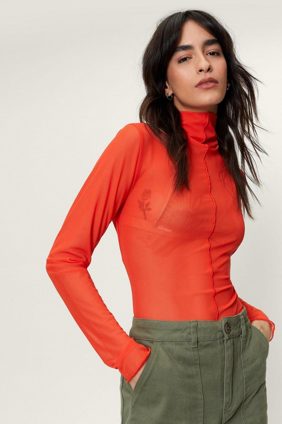 Orange Recycled Mesh Funnel Neck Exposed Seam Top image number 1