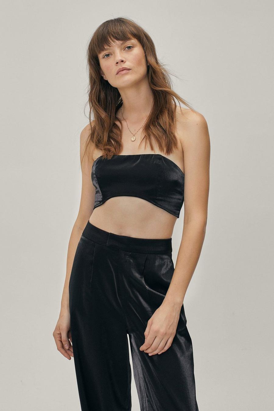 Black Glass Fabric Boned Cropped Bralettete image number 1