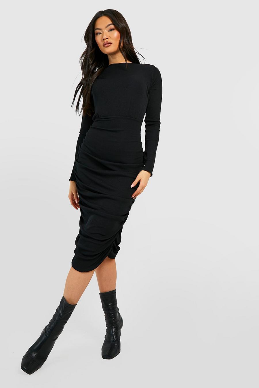 Black Rib Long Sleeve Ruched Midi Dress image number 1
