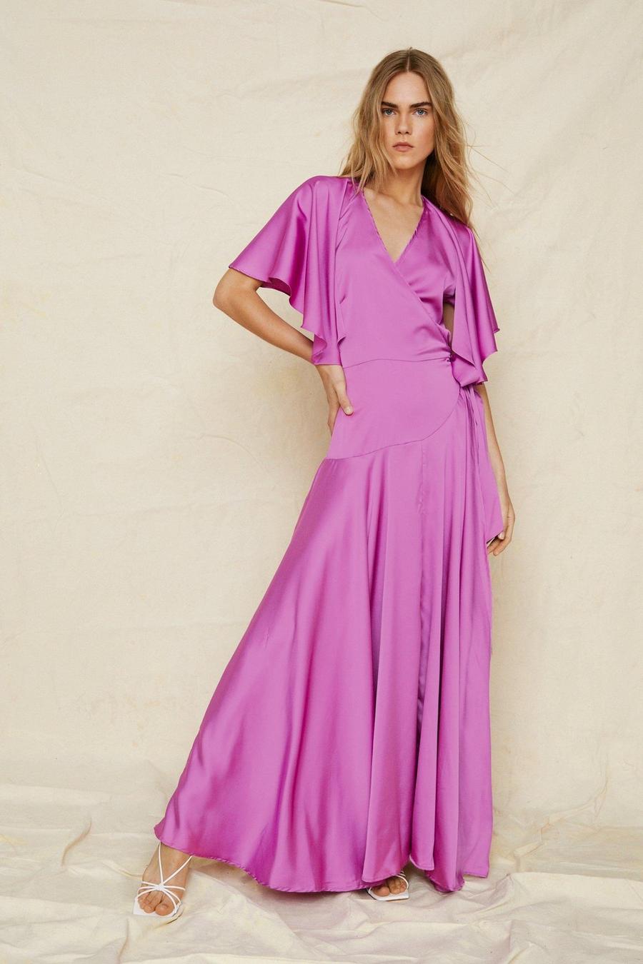 Purple Satin Angel Sleeve Wrap Maxi Dress