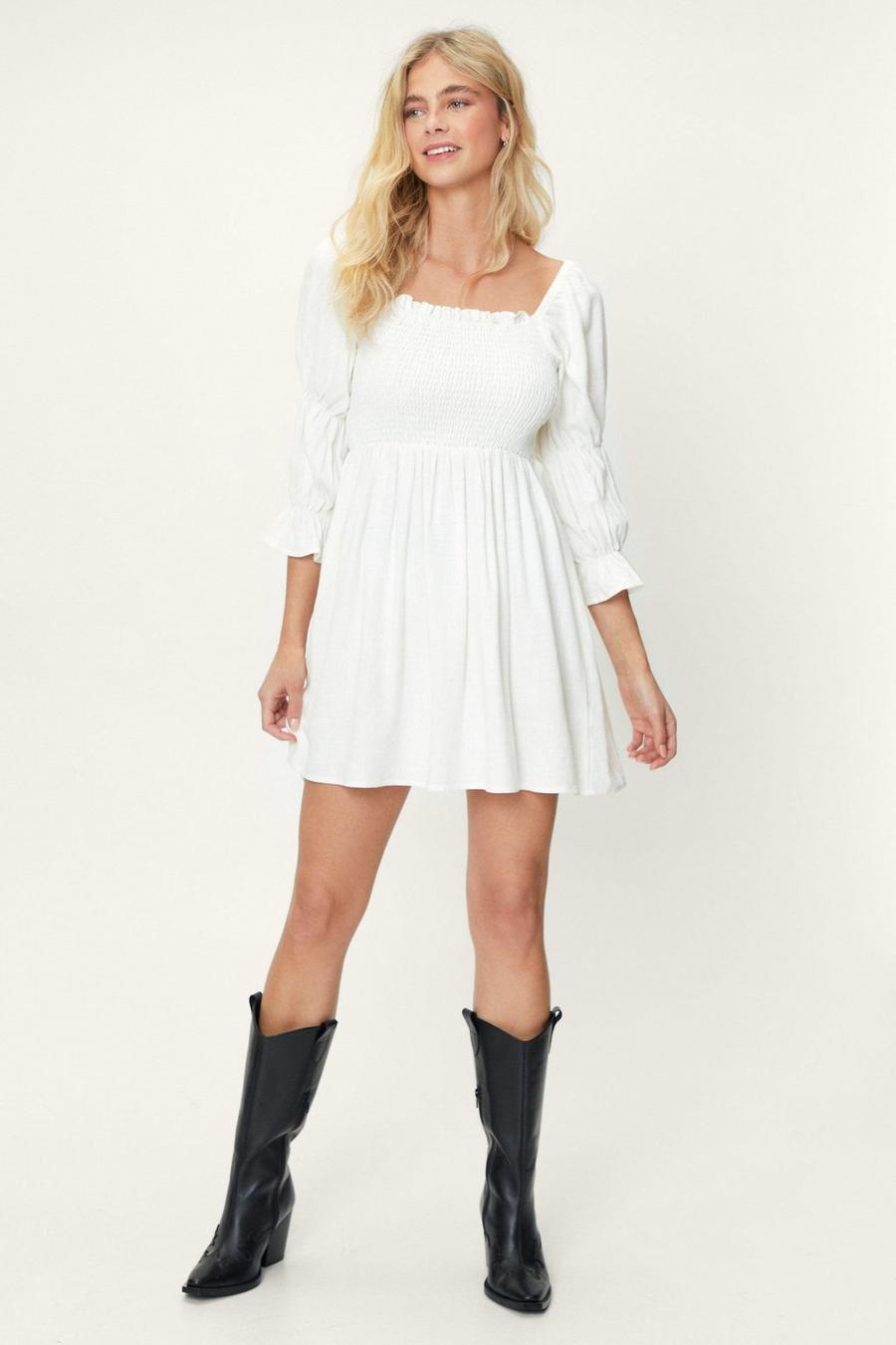 White Linen Smocked Puff Sleeve Mini Dress image number 1