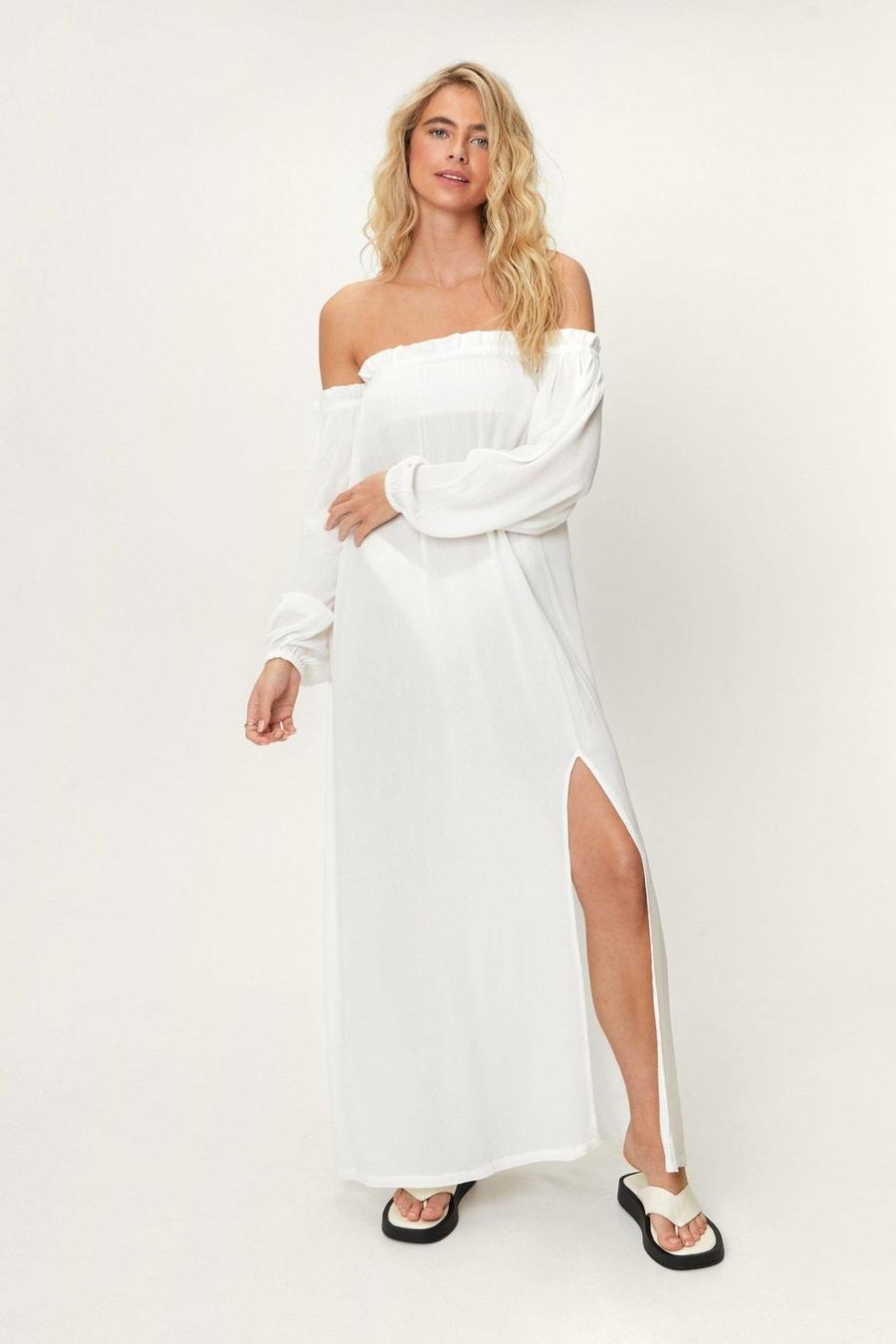 Cream blanco Crinkle Viscose Bardot Maxi Cover Up Dress