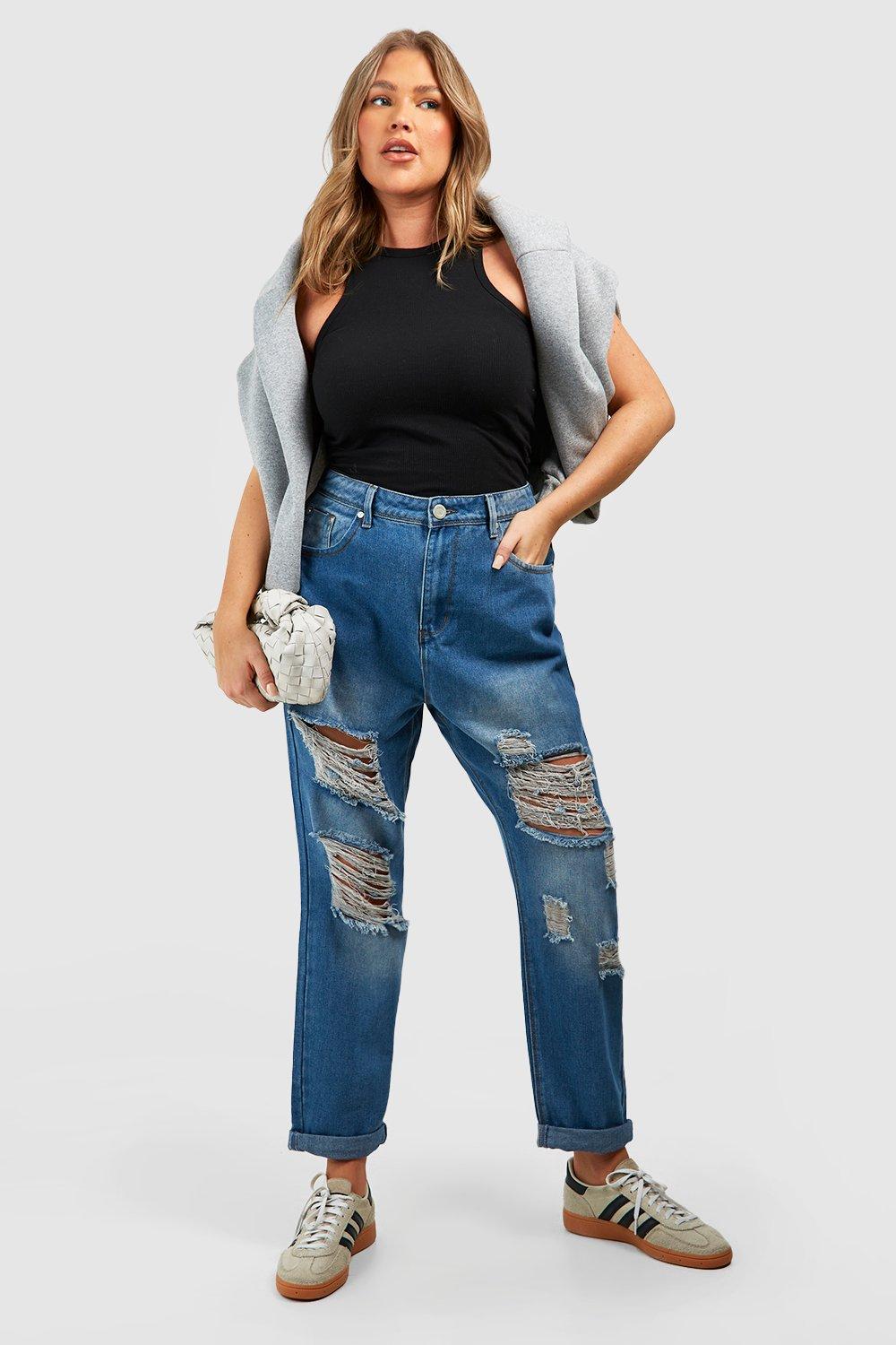 Plus All Over Ripped Mom Jeans | boohoo