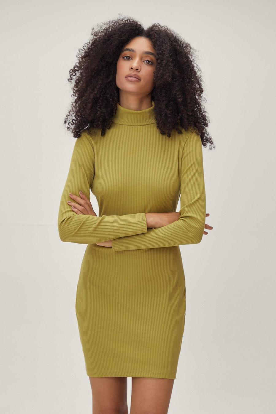 Olive Recycled Open Back Long Sleeve Mini Dress image number 1